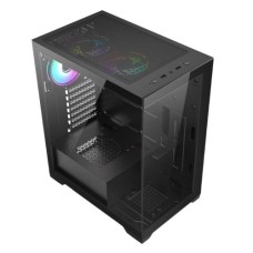   	  	  	Stylish Black Gaming Case w/ Glass Front and Side Panel and 3x ARGB Fans    	  		ATX  	  		Full tempered glass side panel and front  	  		2 top 120mm ARGB fans  	  		1 rear 120mm ARGB fan  	  		6-Port PWM fan hub  	  		Up to 240 mm radiator 
