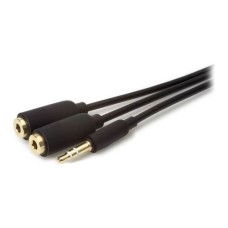   	  	0.2m 3.5mm Stereo Splitter Cable - Black    	The stereo cable splitter is constructed of a 3.5mm stereo jack and two 3.5mm female sockets, all are Gold flashed for higher quality finish and anti-corrosive properties.    	     	  		Splitter 1x 3