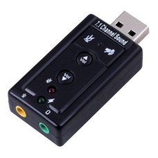   	     	7.1 CH Channel USB Sound Card Mic Speaker 3D External Sound Cards Adapter for Desktop/Laptops    	  		Dimensions:  57 x 25 x 12mm  	  		Weight: 12g  	  		LED indicators: Microphone-Mute Status, Activity  	  		USB2.0 Full-Speed ( 12Mbps 